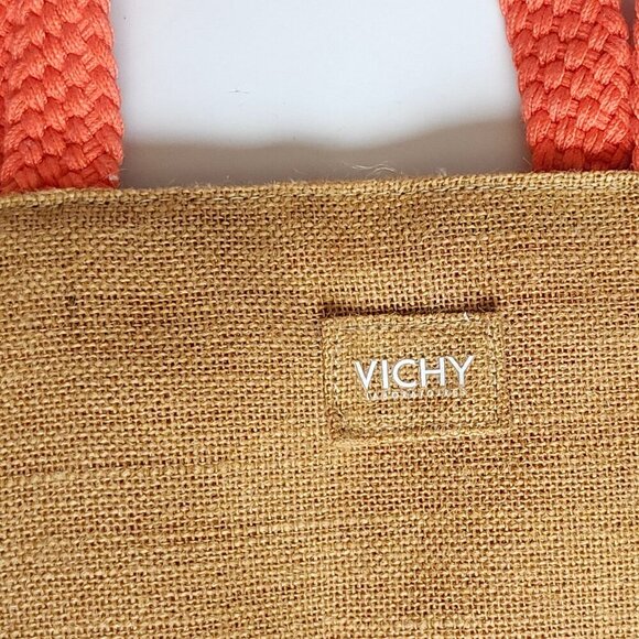 LARGE VICHY BEACH BAG Tropical Tote Bag Burlap with Coral Handle and Interior - Picture 3 of 4